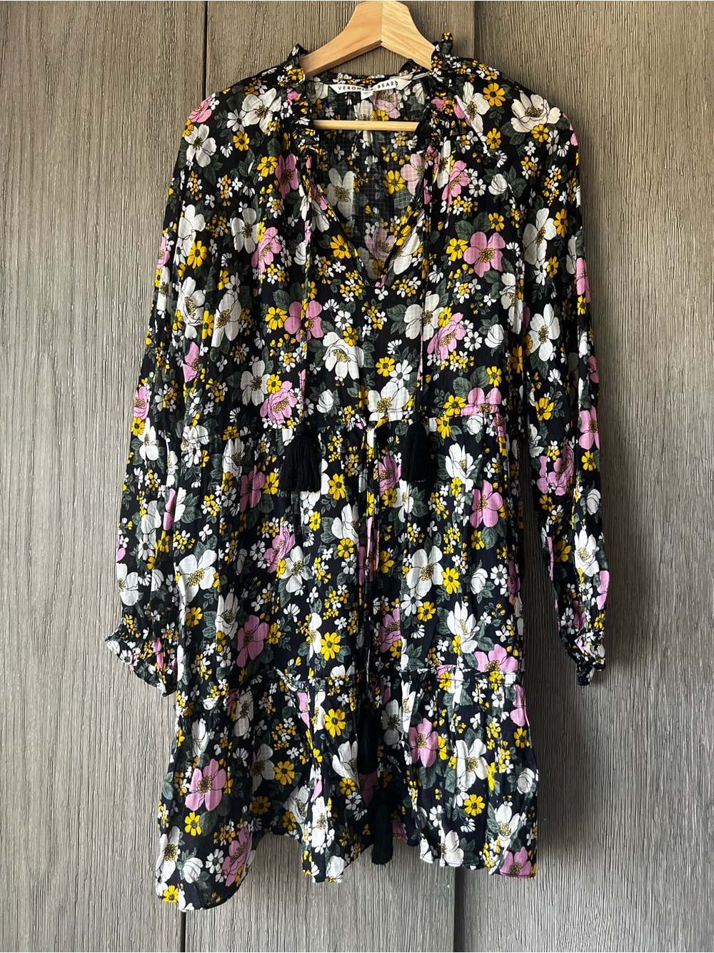 Veronica Beard Black Floral Tie-Waist Dress with Pink & Yellow Blooms